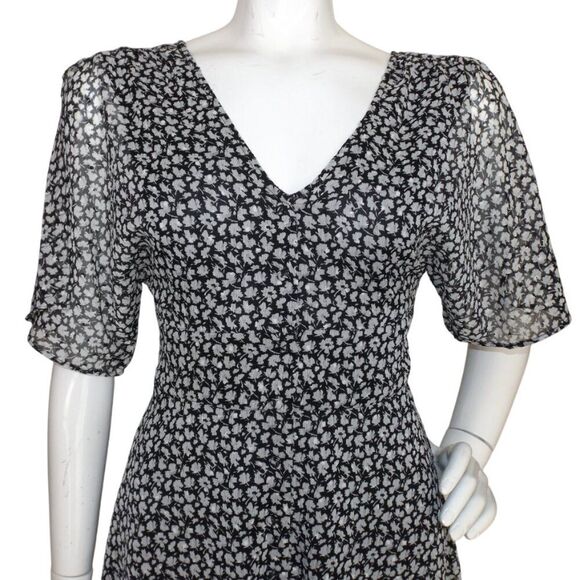 ALL SAINTS Mini Dress, 4, Black/White, Split Flutter Sleeve, V-neck, Sash/Belt - Picture 2 of 15